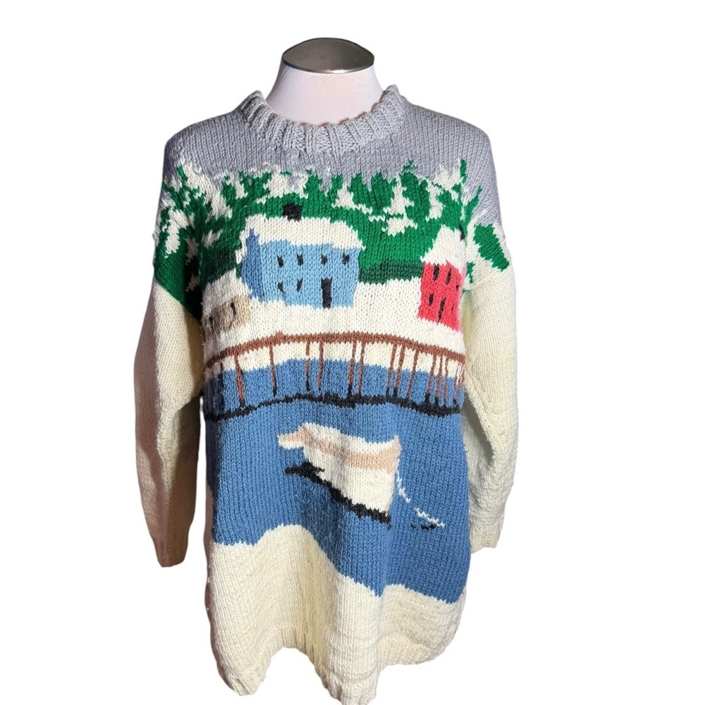 Vintage 80's Hand Knit Winter Village Scenic Intarsia Oversize Chunky Sweater